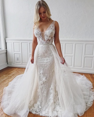 Glamorous Straps V-Neck Lace Mermaid Detachable Wedding Dresses | Bridal Gowns Online_2
