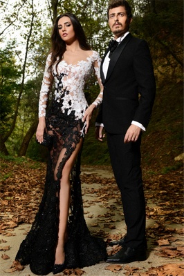 Sexy Side Slit Black and White Formal Dresses Long Sleeve Lace Sheer Custom Made Popular Evening Dress_1