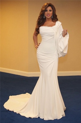 Affordable One-Shoulder Ruffles Mermaid Long Prom Dress One-Sleeve White Evening Dresses On Sale_1