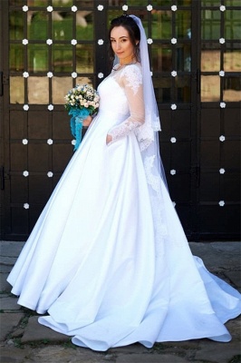 Gorgeous Tulle Jewel Lace White Wedding Dresses Long-Sleeves Appliques Bridal Gowns with Pockets
