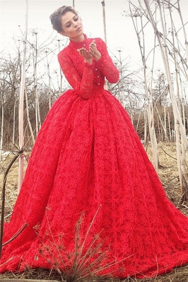 Gorgeous High-Neck Lace Red Prom Dress Long Sleeves Appliques Formal Dresses On Sale_1