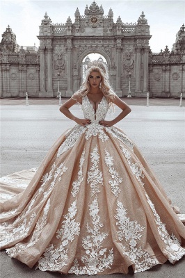 Unique Seductive Deep-V-Neck Ball Gown Appliques Wedding Dress | Bridal Gowns On Sale_1