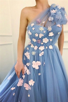 Chic Tulle One-Shoulder Long Prom Dress Sleeveless Ruffles Evening Dresses with Flowers_1