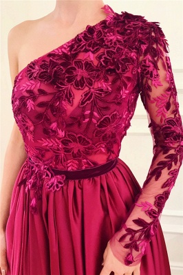 Sexy One-Shoulder Appliques Burgundy Prom Dress One Sleeve Front Slit Evening Dresses Online_2