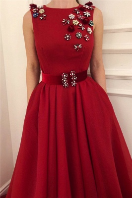 Simple Satin A-Line Flowers Red Prom Dress Scoop Sleeveless Sash Evening Dresses with Dragonfly_2