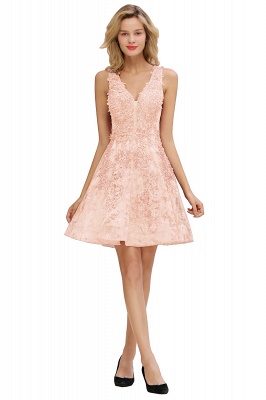 Simple V-Neck Straps Lace A-Line Short Prom Dress Appliques Sleeveless Knee Length Party Dresses Online_1