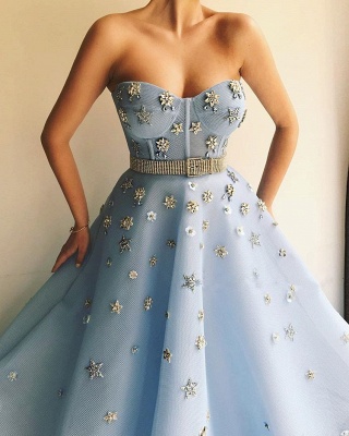 Gorgeous Strapless Sweetheart Beading Prom Dress Blue Tulle Flowers Party Dresses with Beadning Sash_2