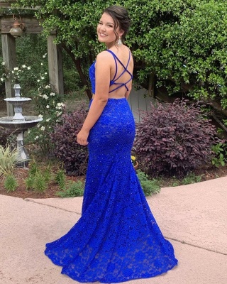 Elegant Spaghetti Straps V-Neck Lace Prom Dress Two Pieces Appliques Royal Blue Party Dresses_2