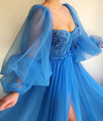 Sexy Long Sleeves Sweetheart Front Slit Prom Dress See Through Bodice Blue Party Dresses Online_2