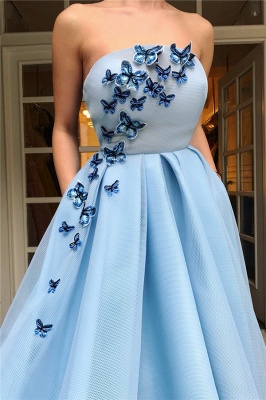 Glamorous Strapless Sleeveless Ruffles Prom Dress Blue Tulle Long Party Dresses with Butterfly_2