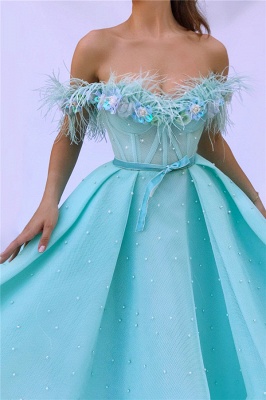 Sexy Tulle Feather Sleeveless Prom Dress Off-the-Shoulder Long Formal Party Dresses with Pearls_2