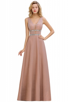 Sexy Deep V-Neck Pink Long Prom Dress Sleeveless V-Back Evening Dresses with Beadings Sash_5
