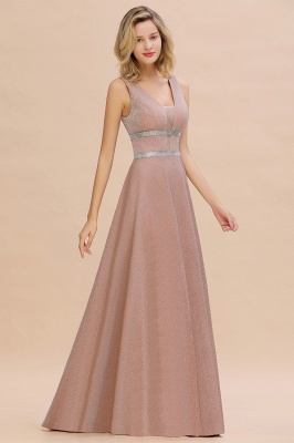 Sexy Deep V-Neck Pink Long Prom Dress Sleeveless V-Back Evening Dresses with Beadings Sash_8