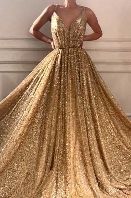 Gorgeous Spaghetti Straps V-Neck Long Prom Dress Sleeveless Sequins Gold Formal Dresses On Sale_1