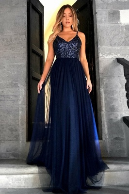 Gorgeous V-Neck Spaghetti Traps Tulle Navy Prom Dress A-Line Sequins Top Party Dresses On Sale_1