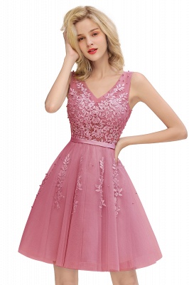 Modest Tulle V-Neck Lace Short Prom Dress Sleeveless Appliques Party Dresses On Sale_2