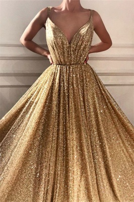 Gorgeous Spaghetti Straps V-Neck Long Prom Dress Sleeveless Sequins Gold Formal Dresses On Sale_2