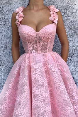 Affordable Lace Sweetheart Pink Prom Dress Straps Sleeveless Long Evening Dresses with Flower_2