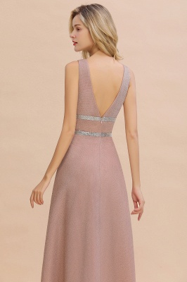 Sexy Deep V-Neck Pink Long Prom Dress Sleeveless V-Back Evening Dresses with Beadings Sash_4