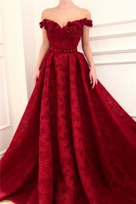 Affordable A-Line Off-the-Shoulder Burgundy Prom Dress Lace Ruffles Sweetheart Formal Party Dresses On Sale_1