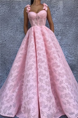 Affordable Lace Sweetheart Pink Prom Dress Straps Sleeveless Long Evening Dresses with Flower_1