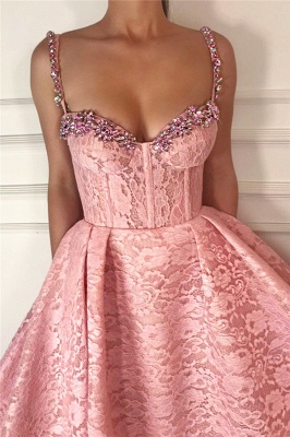 Simple Beadings Straps Sweetheart Lace Prom Dress Sleeveless Pink Appliques Evening Dresses_2