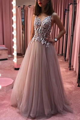 Chic A-Line V-Neck Long Prom Dress See Through Bodice Formal Dresses with Appliques_1