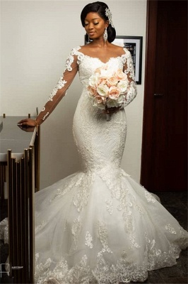Gorgeous Sweetheart Appliques Mermaid Wedding Dresses Long-Sleeves Lace Bridal Gowns On Sale_1