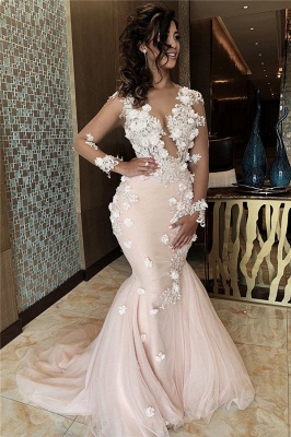 Gorgeous V-Neck Long Sleeves Prom Dresses Mermaid Appliques Formal Party Dresses On Sale_3