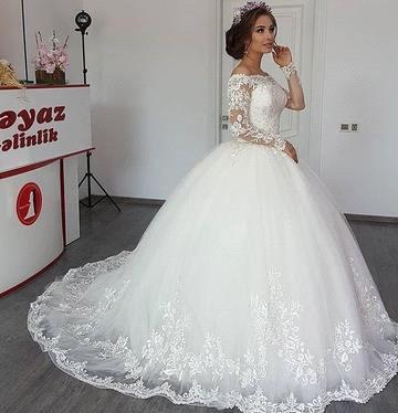 Elegant A-line Off-the-Shoulder Wedding Dresses Lace Appliques Long Sleeves Bridal Gowns On Sale_2