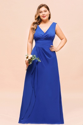Plus Size V-Neck Ocean Blue V-Neck Aline Evening Dress for Women Long Bridesmaid Dress_1