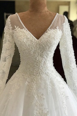 Gorgeous V-Neck Lace Wedding Dresses Long Sleeves White Princess Bridal Gowns On Sale_3