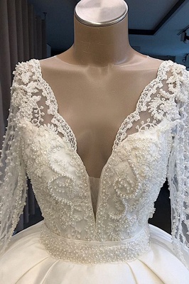 Luxury V-Neck Ball Gown Wedding Dress Long Sleeves Bridal Gowns with Pearl On Sale_4