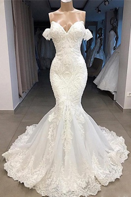 Glamorous Off-the-Shoulder Mermaid White Wedding Dresses Sweetheart Appliques Bridal Gowns Online_1