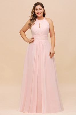 Plus Size Pink Halter Wedding guest Dress Sleeveless Chiffon Aline Bridesmaid Dress_1
