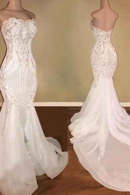 Elegant Strapless V-Neck Mermaid Wedding Dress White Sleeveless Bridal Gowns with Chapel Train_3