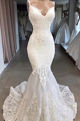 Gorgeous Spaghetti Strap V-Neck Mermaid Wedding Dress Sleeveless White Open Back Wedding Dress with Chapel Train_1