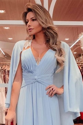 Modest V-Neck Sash Ruffles Long A-line Prom Dresses Chiffon Flormal Evening Dresses with Cape_2