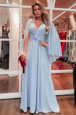 Modest V-Neck Sash Ruffles Long A-line Prom Dresses Chiffon Flormal Evening Dresses with Cape_1