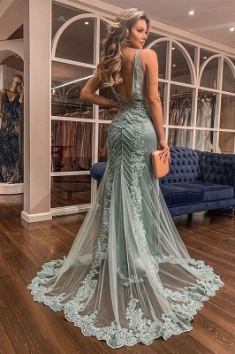 Straps V-Neck Sleeveless Prom Dresses Open Back Lace Appliques Crystal Beading Mermaid Party Dresses_2