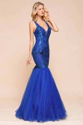 Elegant V-Neck Sequined Royal Blue Tulle Prom Dresses Sleeveless Lace Appliques Mermaid Evening Dresses_7