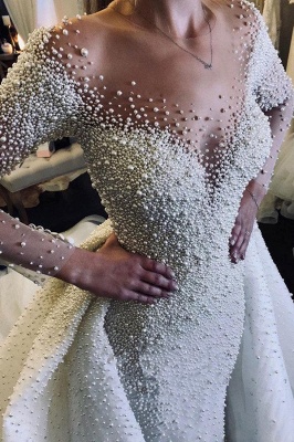Luxury Ivory V-Neck Wedding Dress Long Sleeves Despatchable Train Bridal Gowns with Fully coverd Pearls_3