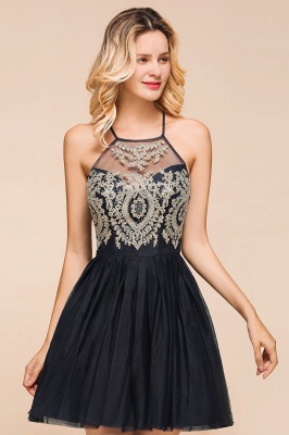 Gorgeous Halter Applique Lace Short Prom Dresses A-Line Backless Formal Dresses_6