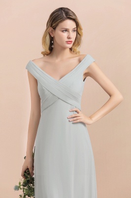 Off Shoulder V-Neck Silver Simple Wedding Dress Aling Floor Length Evening Dress_9