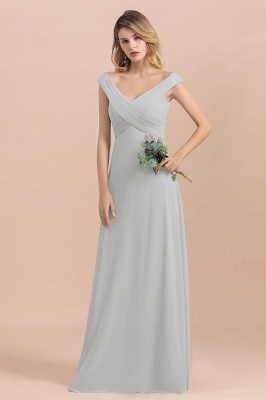 Off Shoulder V-Neck Silver Simple Wedding Dress Aling Floor Length Evening Dress_6