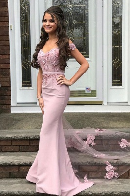 Modest Pink Off-the-Shoulder V-Neck Prom Dresses Mermiad Applique Evening Dresses with Flower Sash_1
