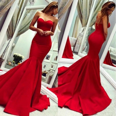 Sexy Red Satin Sweetheart Backless Prom Dresses Mermaid Sleeveless Evening Gowns_3