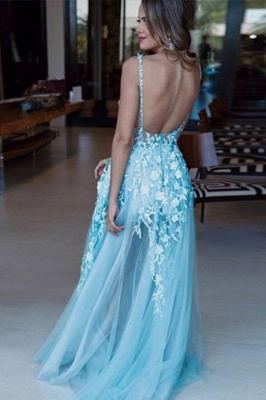 Modest Blue Straps V-Neck Backless Prom Dresses Applique A-line Floor Length Evening Dresses with Flower_2