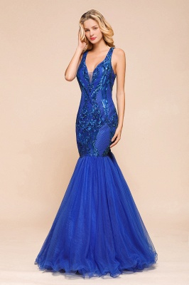 Elegant V-Neck Sequined Royal Blue Tulle Prom Dresses Sleeveless Lace Appliques Mermaid Evening Dresses_8