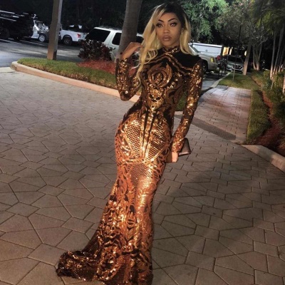 Gorgeous Golden High Neck Long Sleeve Sequined Mermaid Prom Dresses Fitted And Flare Evening Dresses_4